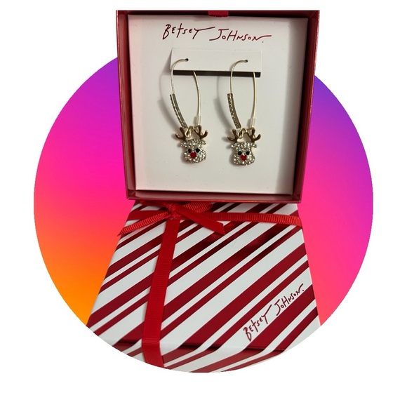 Betsey Johnson Earrings Reindeer Rhinestone Dangle New - Picture 11 of 16